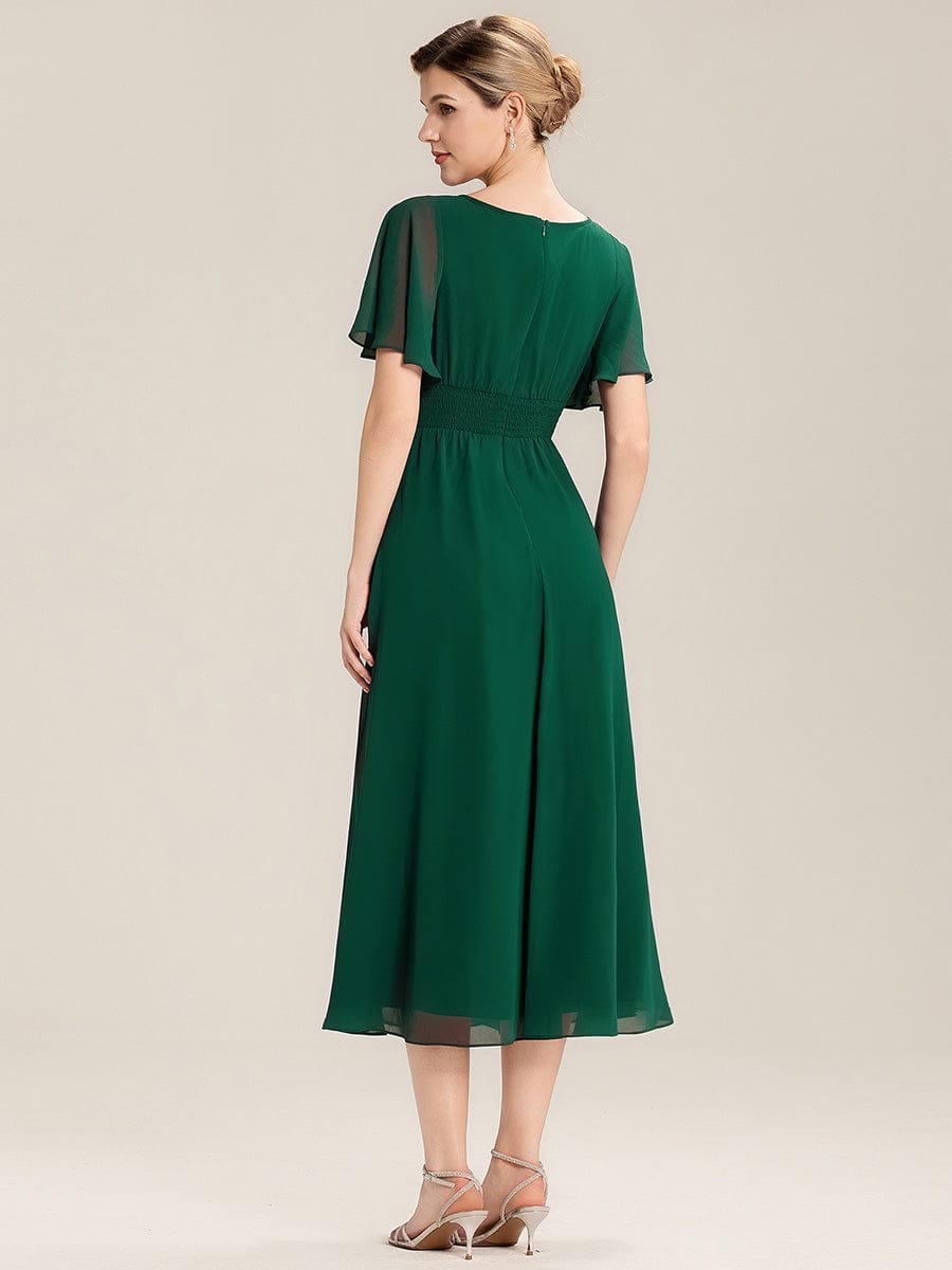 Plus Size Pleated Chiffon Ruffle Sleeve Midi Dress #color_Dark Green