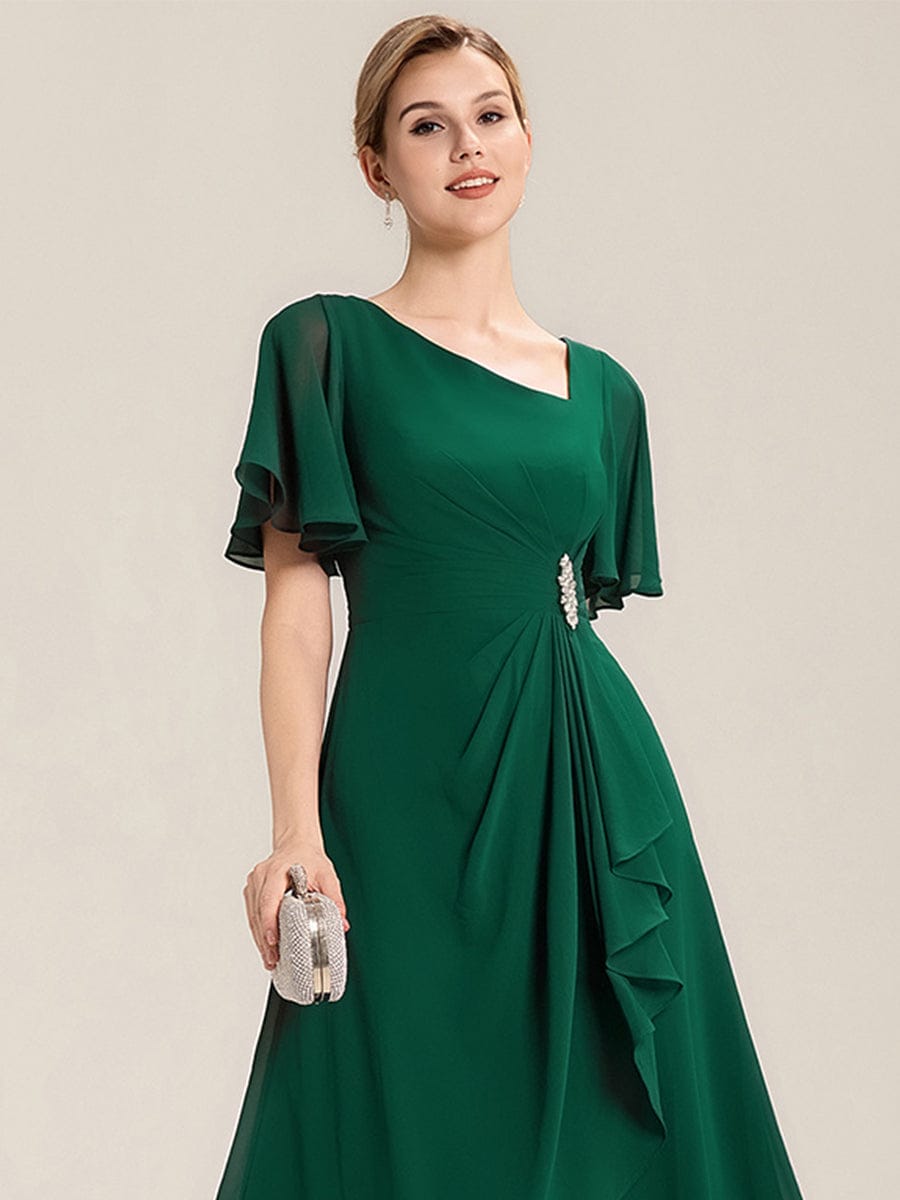 Plus Size Pleated Chiffon Ruffle Sleeve Midi Dress #color_Dark Green