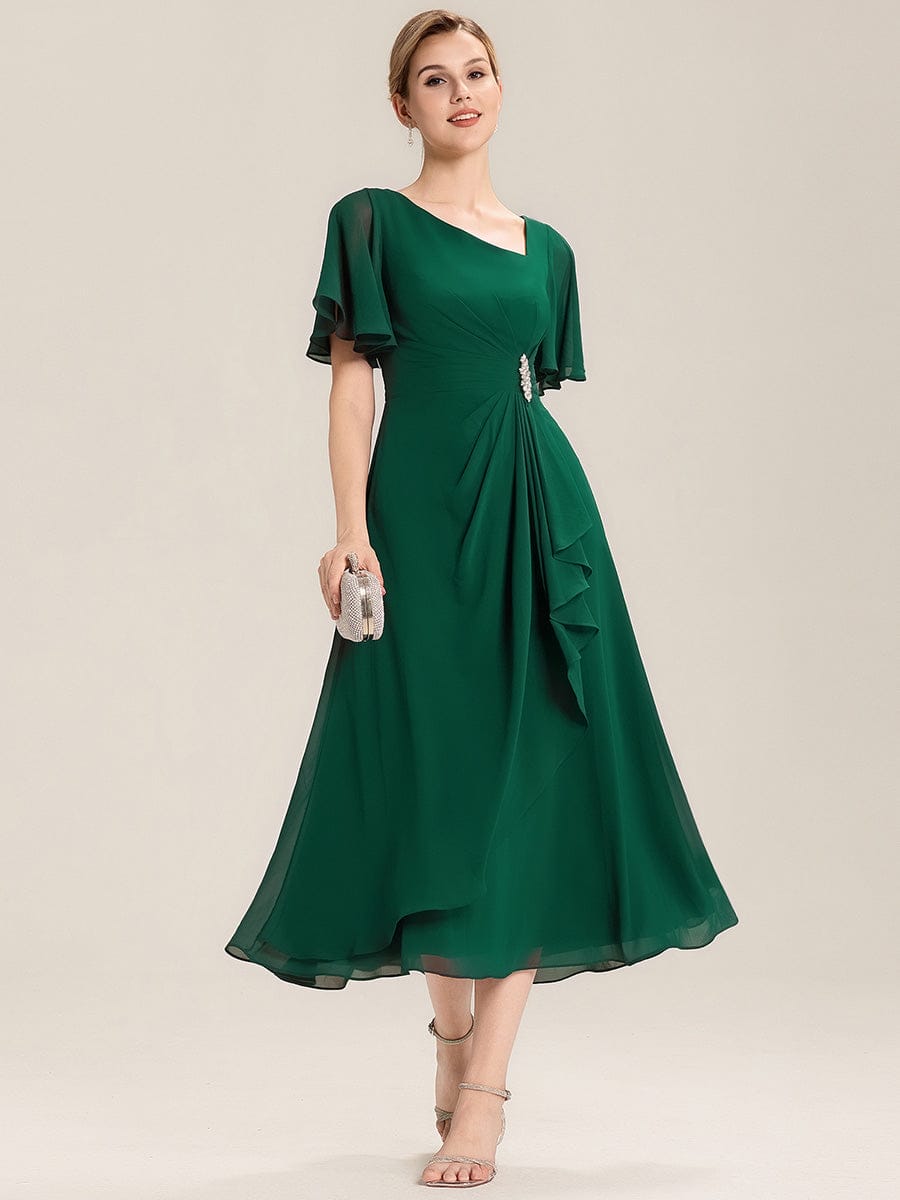 Plus Size Pleated Chiffon Ruffle Sleeve Midi Dress #color_Dark Green