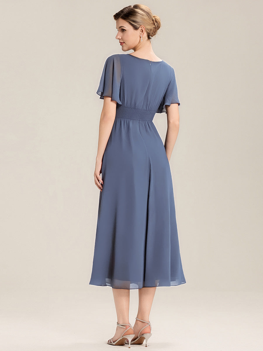 Plus Size Pleated Chiffon Ruffle Sleeve Midi Dress #color_Dusty Blue
