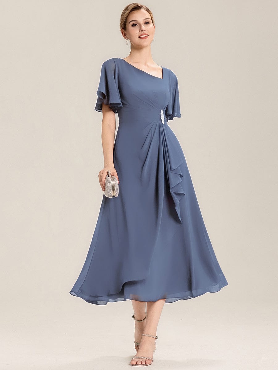 Ruffle Sleeve Chiffon Midi Mother of the Bride Dress #color_Dusty Blue