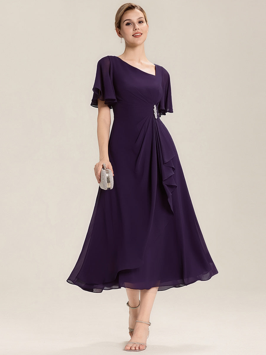 Plus Size Pleated Chiffon Ruffle Sleeve Midi Dress #color_Dark Purple
