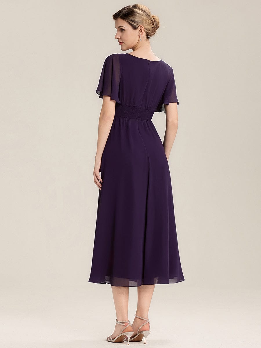Plus Size Pleated Chiffon Ruffle Sleeve Midi Dress #color_Dark Purple