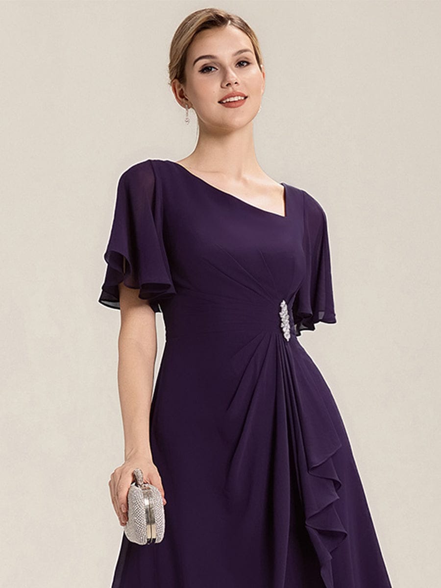 Pleated Chiffon Ruffle Sleeve Midi Dress #color_Dark Purple