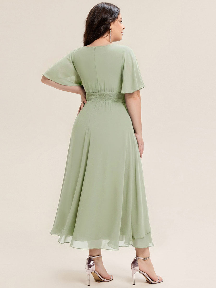 Pleated Chiffon Ruffle Sleeve Midi Dress #color_Mint Green