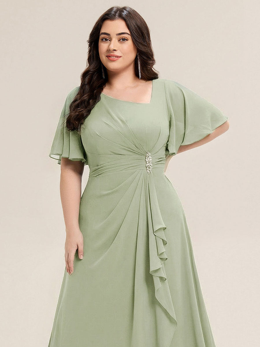 Pleated Chiffon Ruffle Sleeve Midi Dress #color_Mint Green