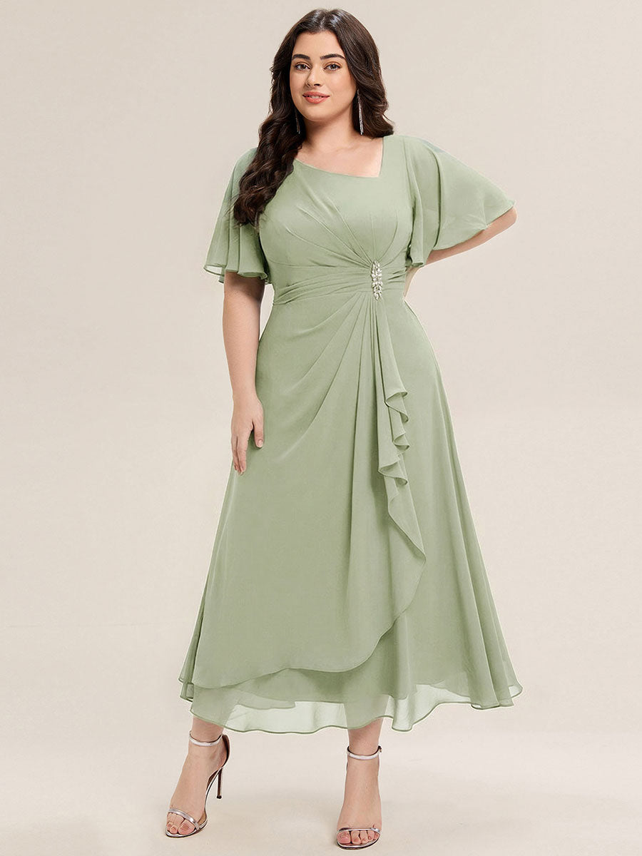 Pleated Chiffon Ruffle Sleeve Midi Dress #color_Mint Green