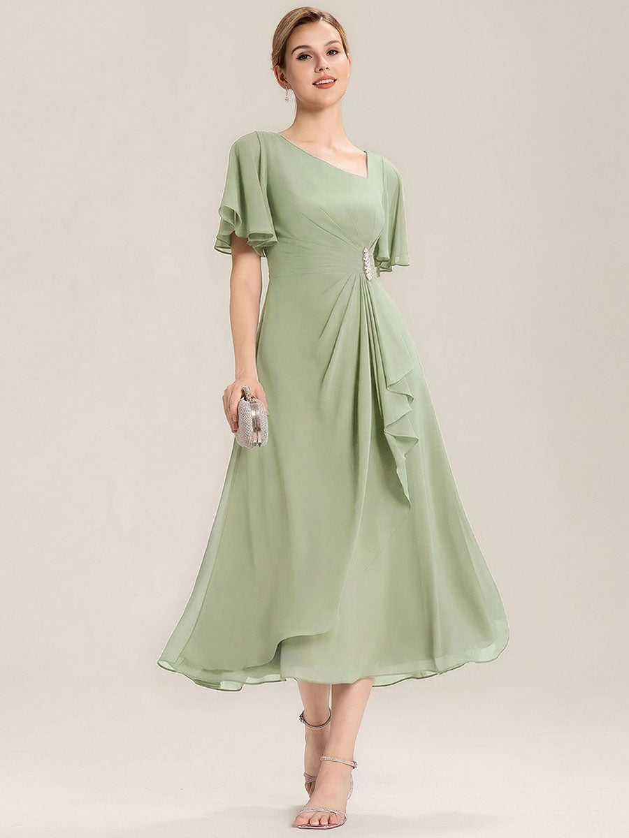 Pleated Chiffon Ruffle Sleeve Midi Dress #color_Mint Green