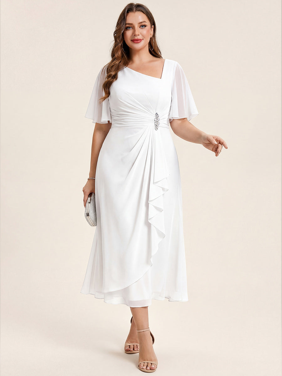 Plus Size Pleated Chiffon Ruffle Sleeve Midi Dress #color_White