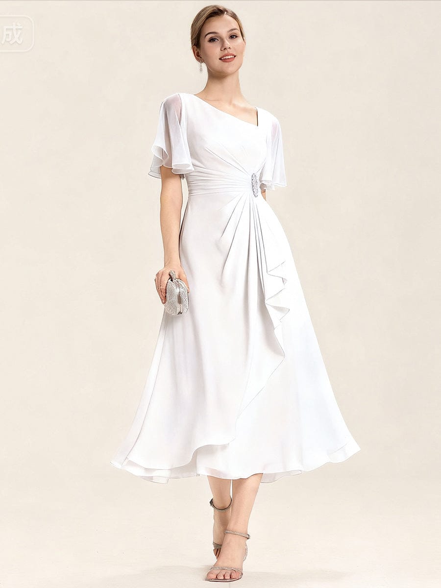 Plus Size Pleated Chiffon Ruffle Sleeve Midi Dress #color_White