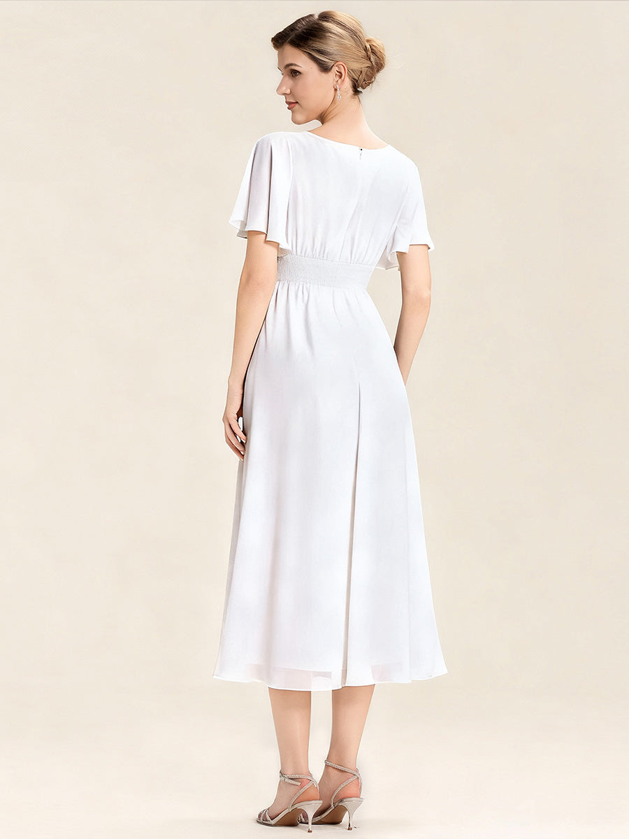 Plus Size Pleated Chiffon Ruffle Sleeve Midi Dress #color_White