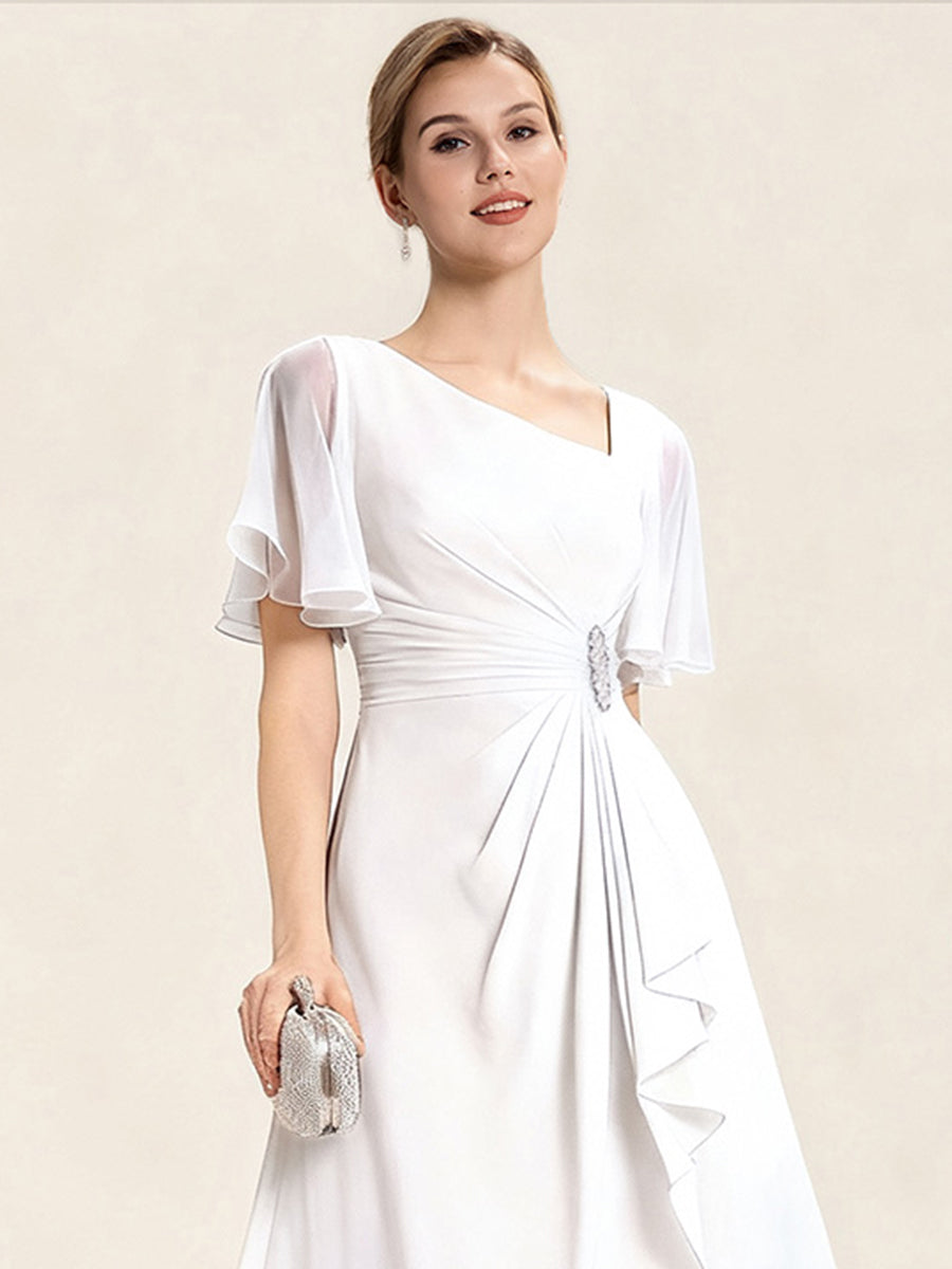 Plus Size Pleated Chiffon Ruffle Sleeve Midi Dress #color_White