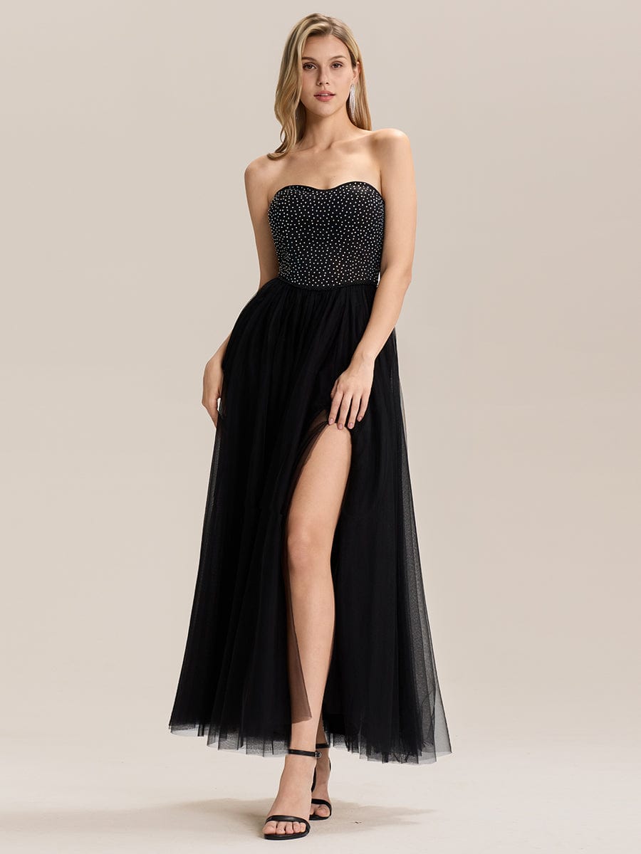 Strapless Tulle Embellished Evening Dress #color_Black