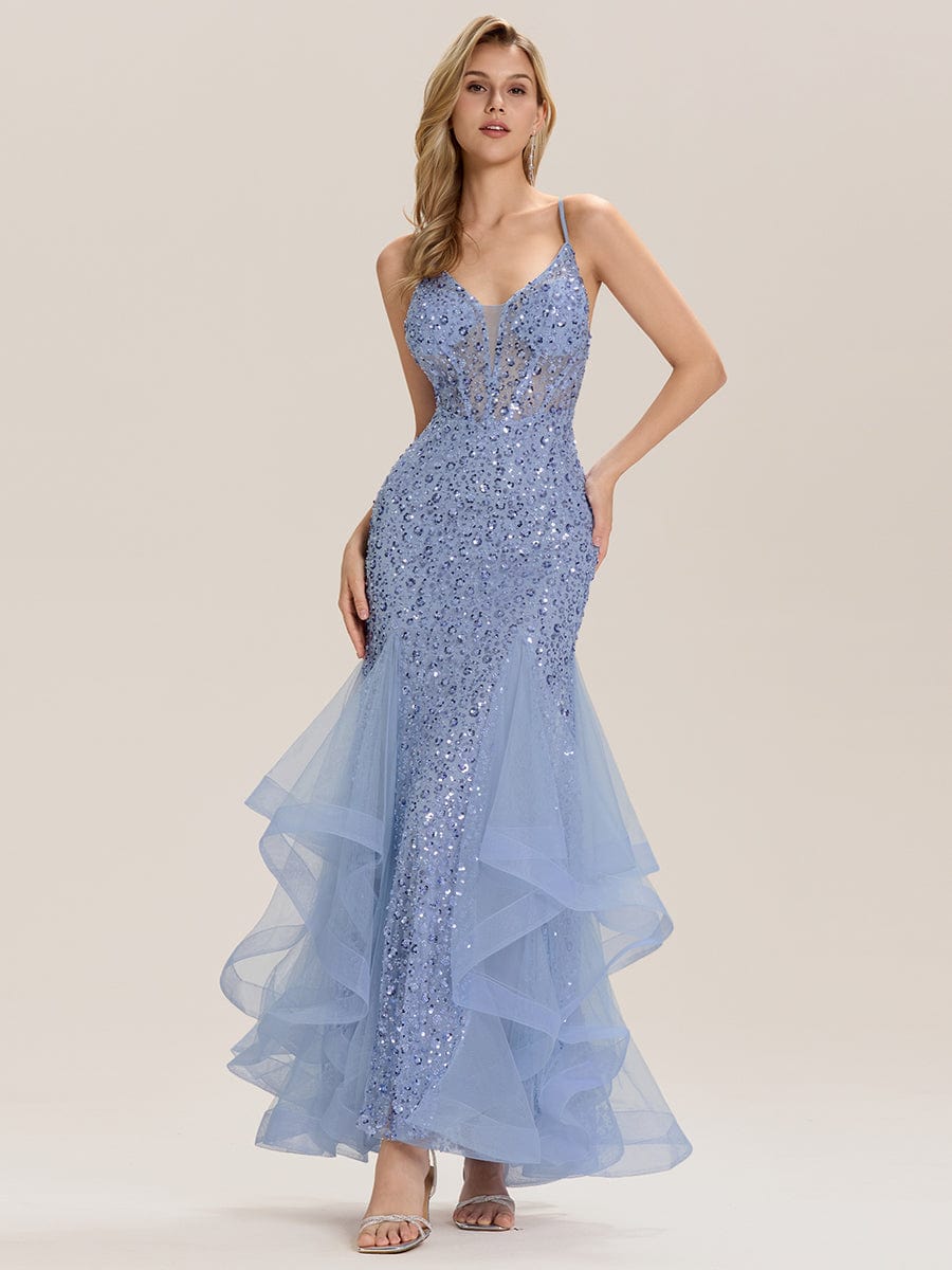 Tie Back Sequin Mermaid Evening Dress #color_Light Blue