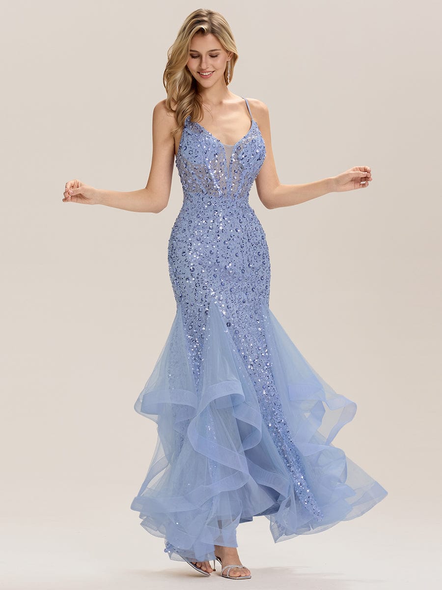 Tie Back Sequin Mermaid Evening Dress #color_Light Blue
