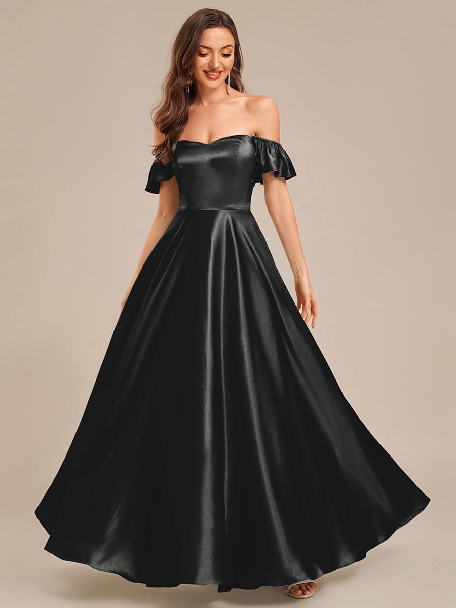 Back Tie Satin Ruffle Sleeve Formal Dress #color_Black