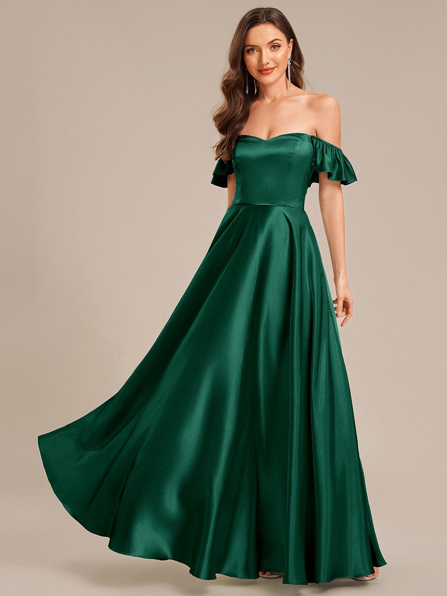 Back Tie Satin Ruffle Sleeve Formal Dress #color_Dark Green