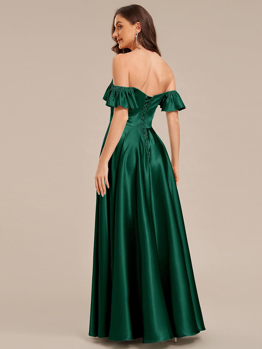 Back Tie Satin Ruffle Sleeve Formal Dress #color_Dark Green