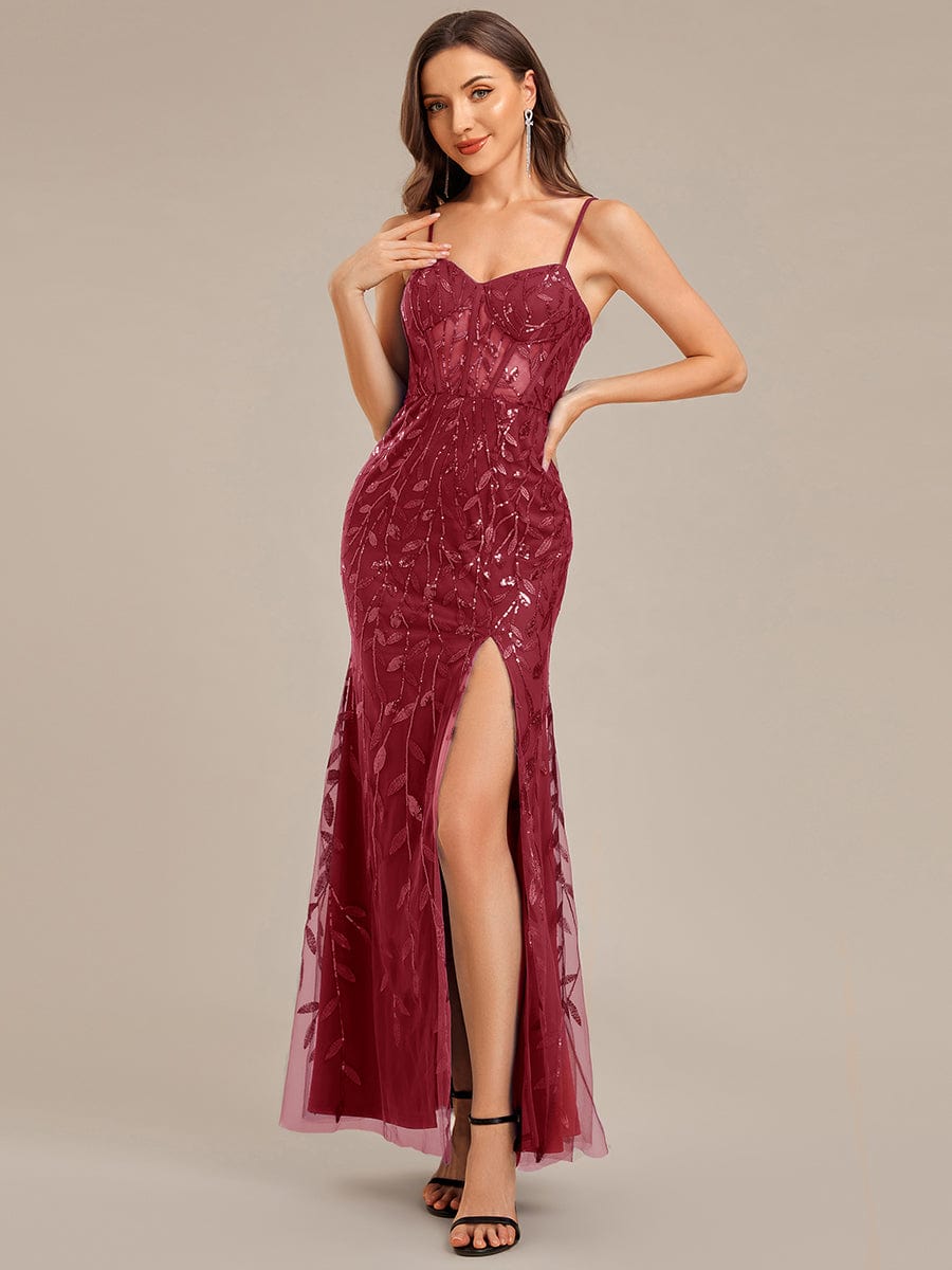 Slit Sequin Mermaid Formal Dress #color_Burgundy