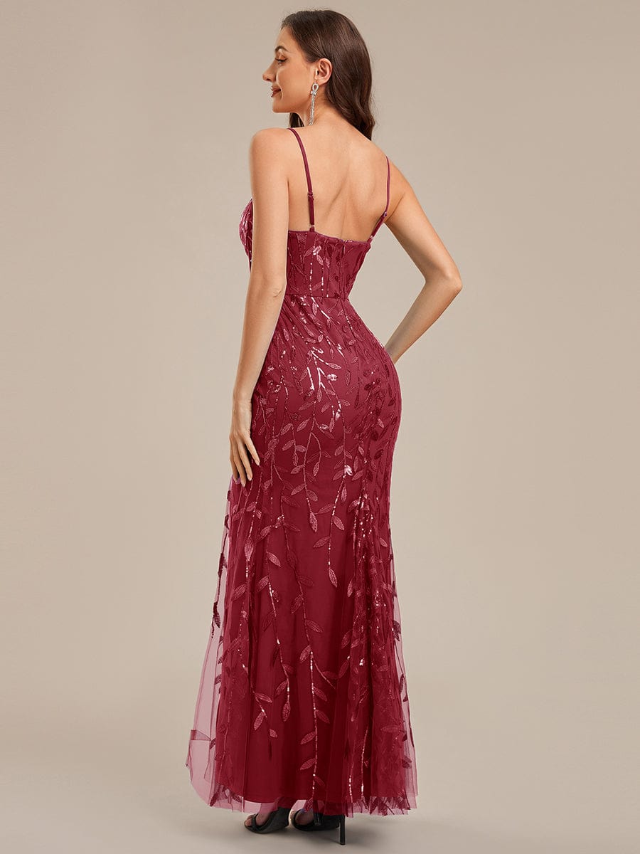 Slit Sequin Mermaid Formal Dress #color_Burgundy
