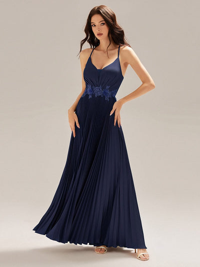 Applique Satin Pleated Sleeveless Dress #color_Navy Blue