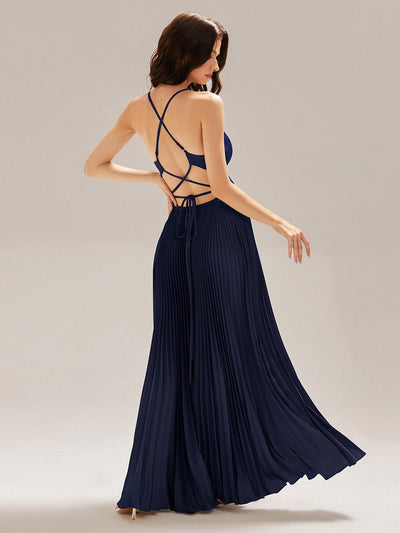 Applique Satin Pleated Sleeveless Dress #color_Navy Blue