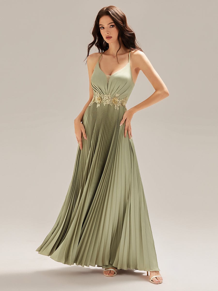 Applique Satin Pleated Sleeveless Dress #color_Sage Green