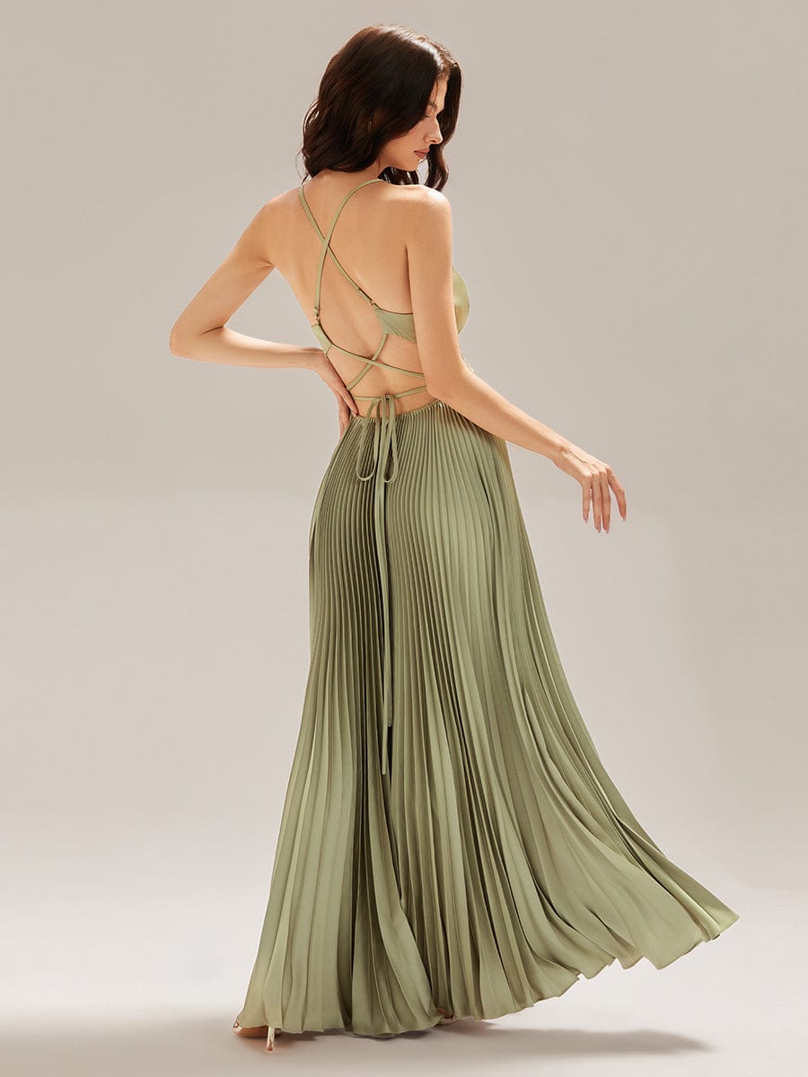 Applique Satin Pleated Sleeveless Dress #color_Sage Green