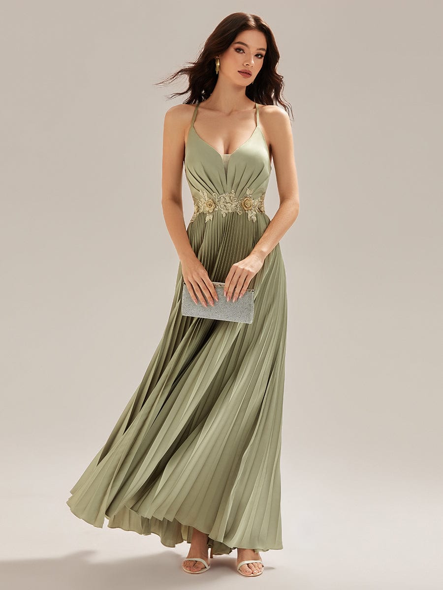 Applique Satin Pleated Sleeveless Dress #color_Sage Green