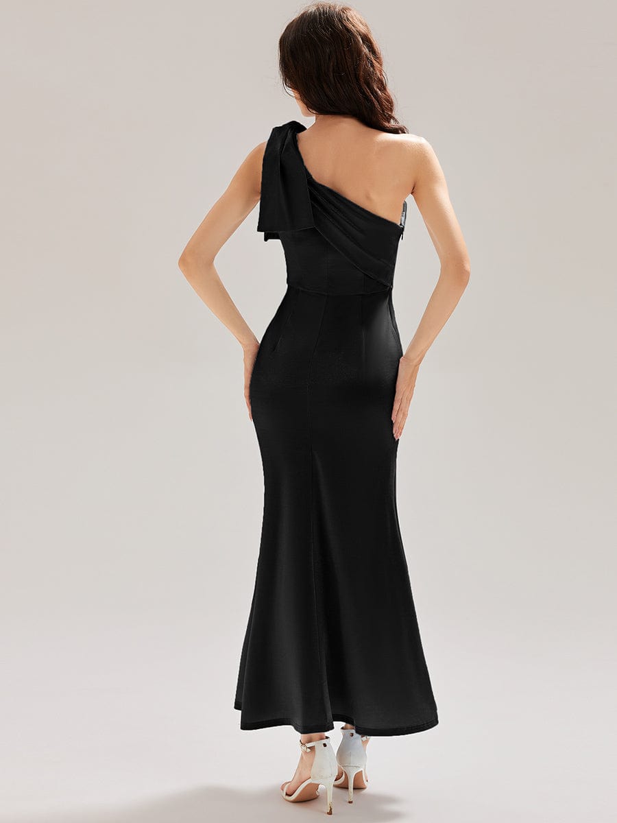 One Shoulder Satin Mermaid Dress #color_Black