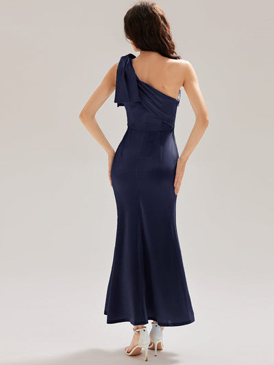 One Shoulder Satin Mermaid Dress #color_Navy Blue