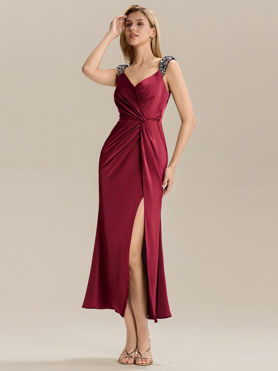 Knotted Satin Sleeveless Evening Dress #color_Burgundy