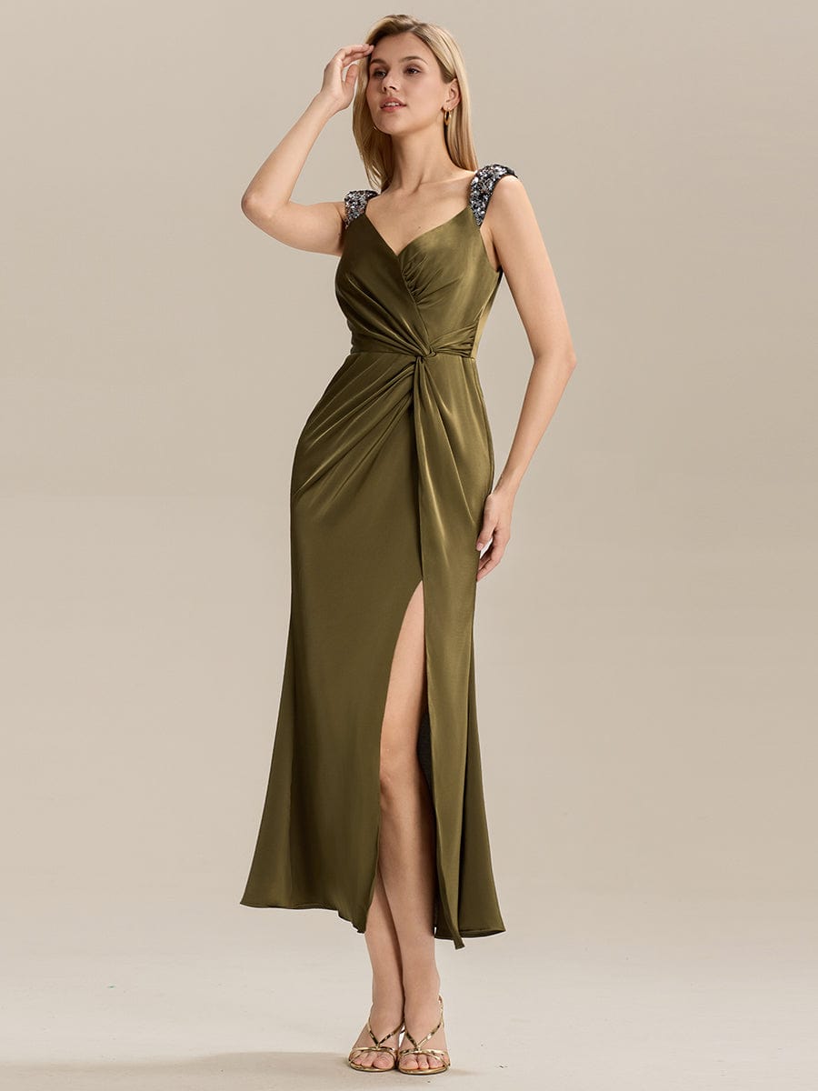 Knotted Satin Sleeveless Evening Dress #color_Olive Green