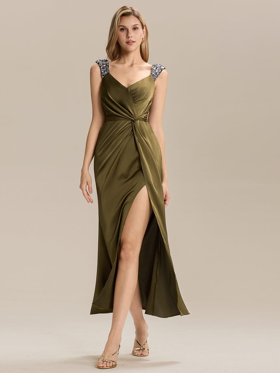 Knotted Satin Sleeveless Evening Dress #color_Olive Green