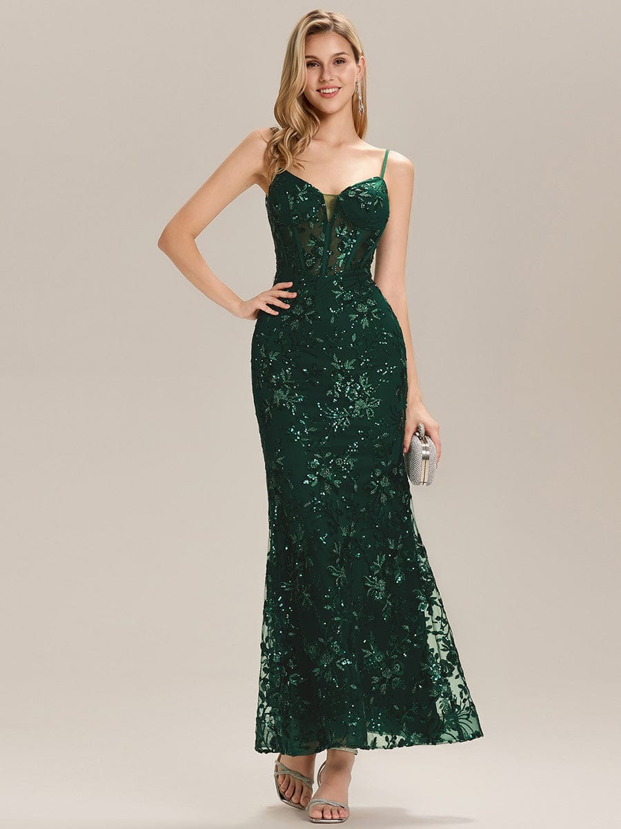 See-through Sequin Mermaid Evening Dress #color_Dark Green