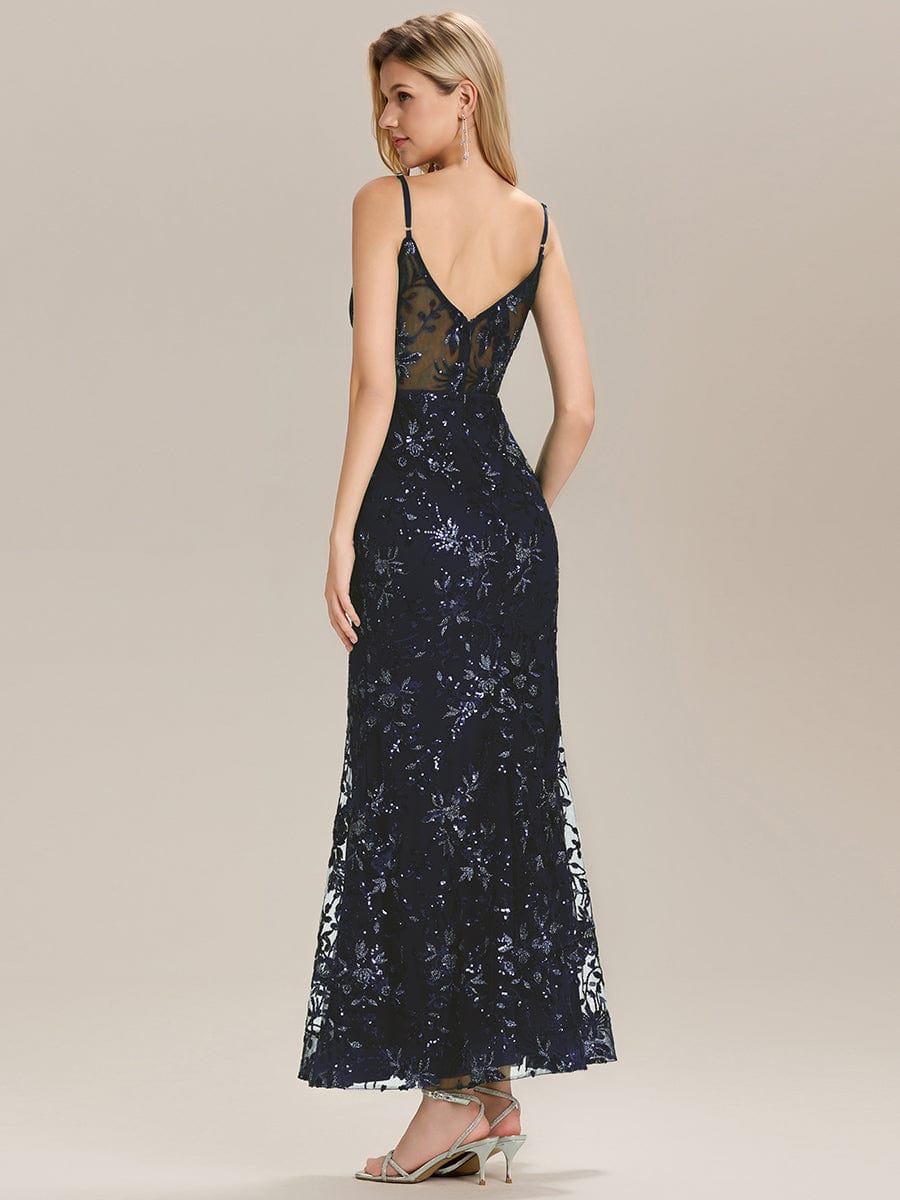 See-through Sequin Mermaid Evening Dress #color_Navy Blue
