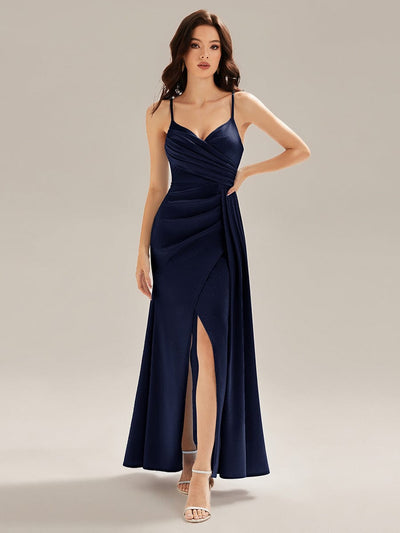 Flowing Ribbons Satin High Slit Dress #color_Navy Blue