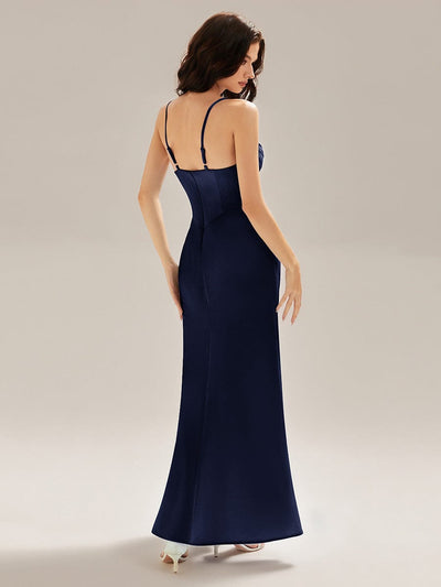 Flowing Ribbons Satin High Slit Dress #color_Navy Blue
