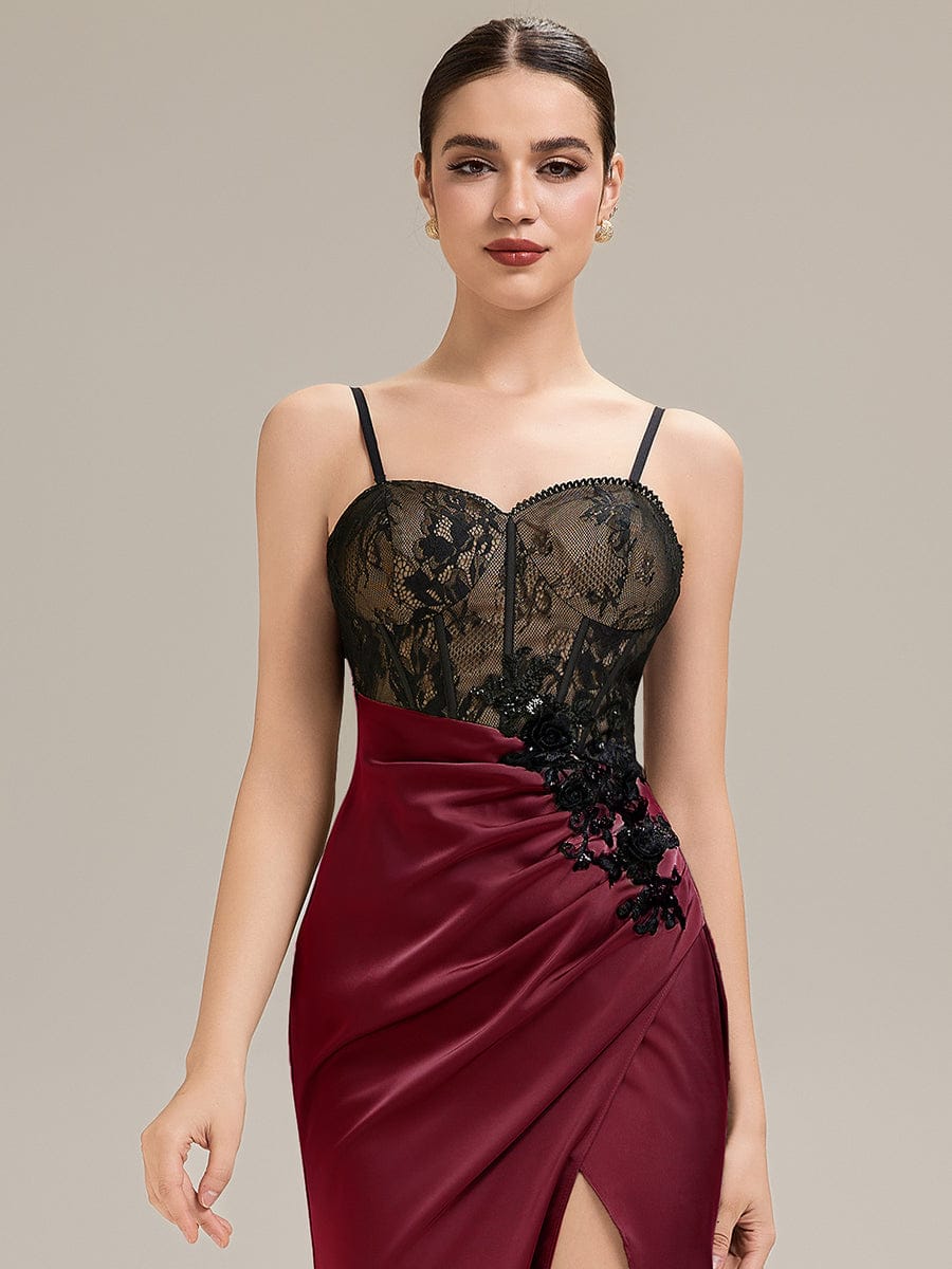 Applique Satin Sleeveless Evening Dress #color_Burgundy