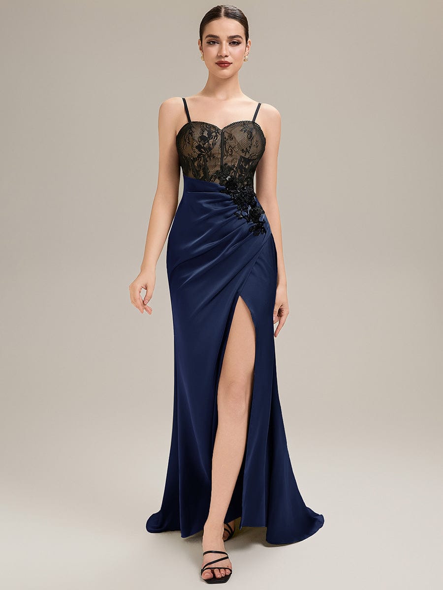 Applique Satin Sleeveless Evening Dress #color_Navy Blue