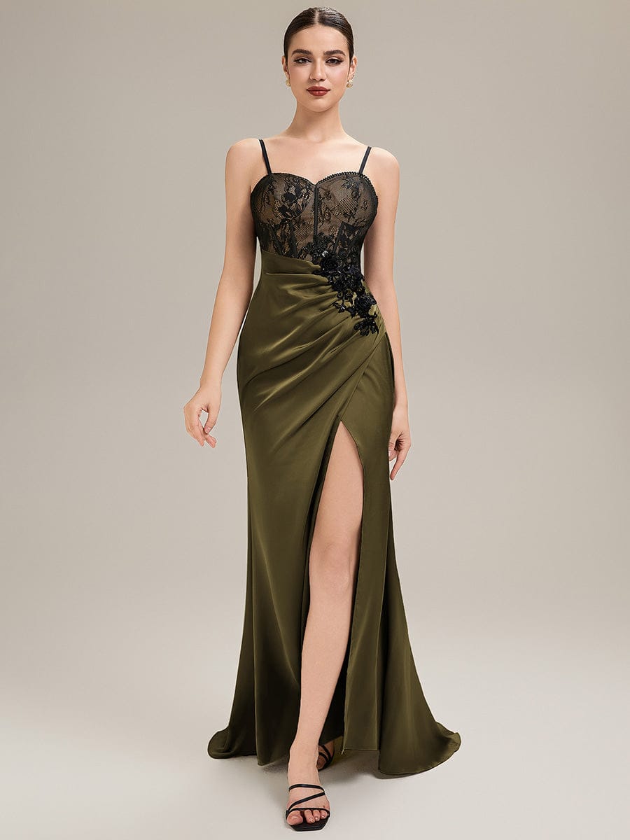 Applique Satin Sleeveless Evening Dress #color_Olive Green