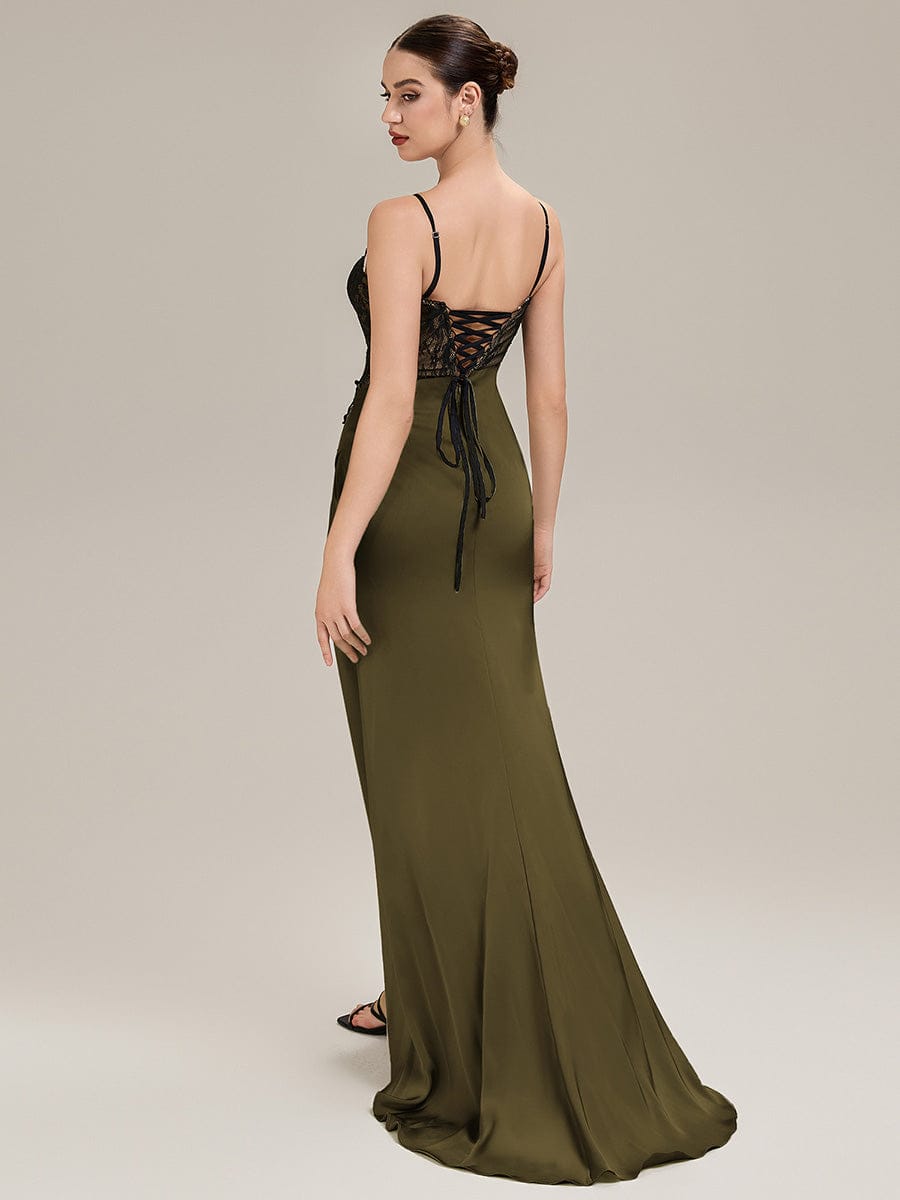 Applique Satin Sleeveless Evening Dress #color_Olive Green