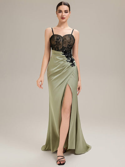 Applique Satin Sleeveless Evening Dress #color_Sage Green