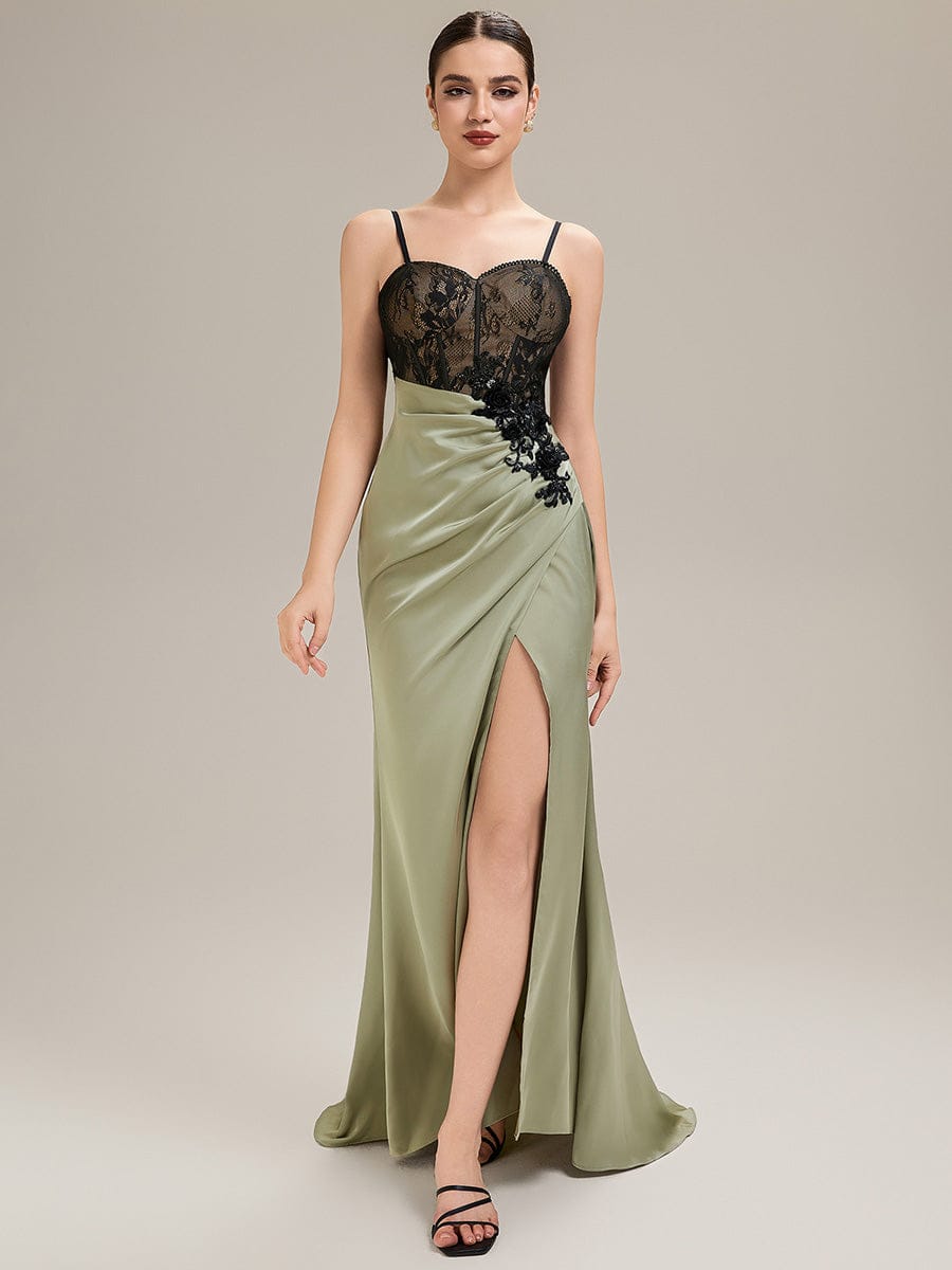 Applique Satin Sleeveless Evening Dress #color_Sage Green