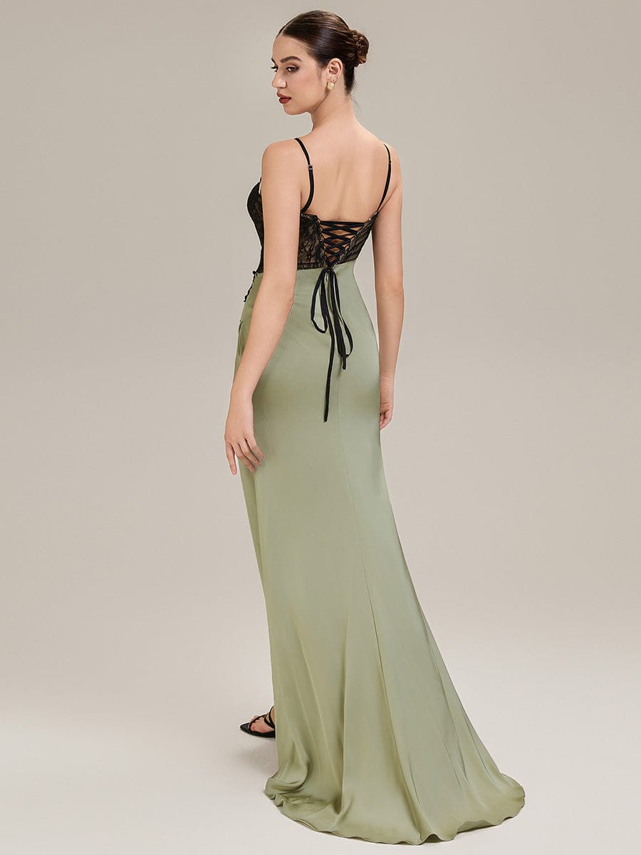 Applique Satin Sleeveless Evening Dress #color_Sage Green