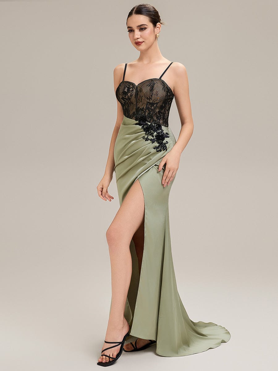 Applique Satin Sleeveless Evening Dress #color_Sage Green