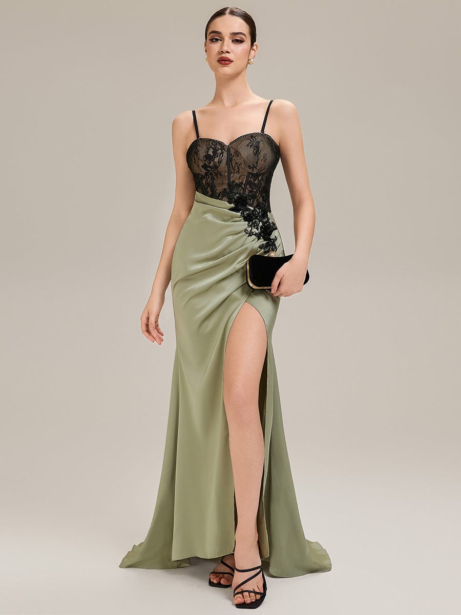 Applique Satin Sleeveless Evening Dress #color_Sage Green