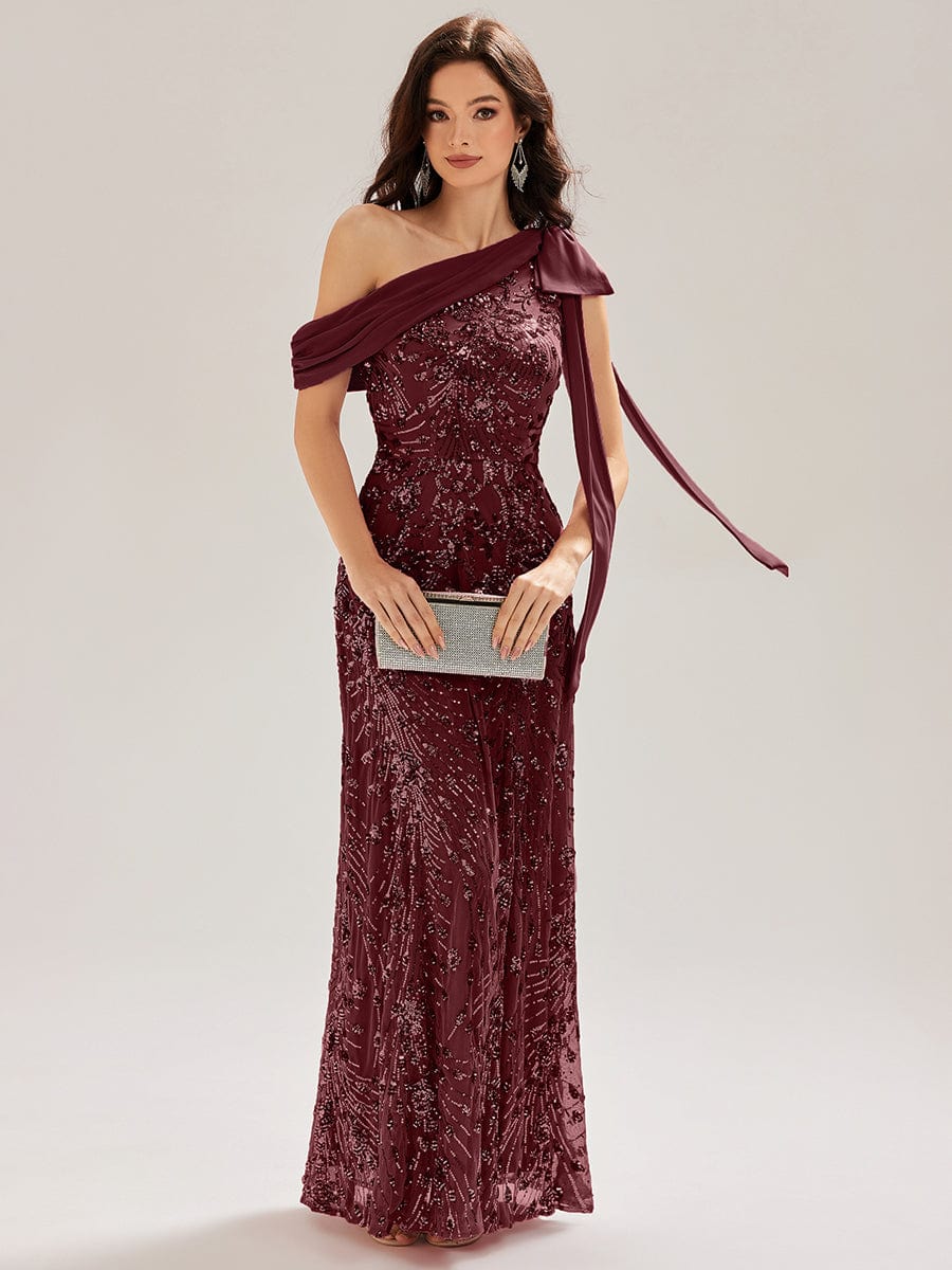 Bow Detail Sequin Drop Shoulder Sleeve Dress #color_Burgundy
