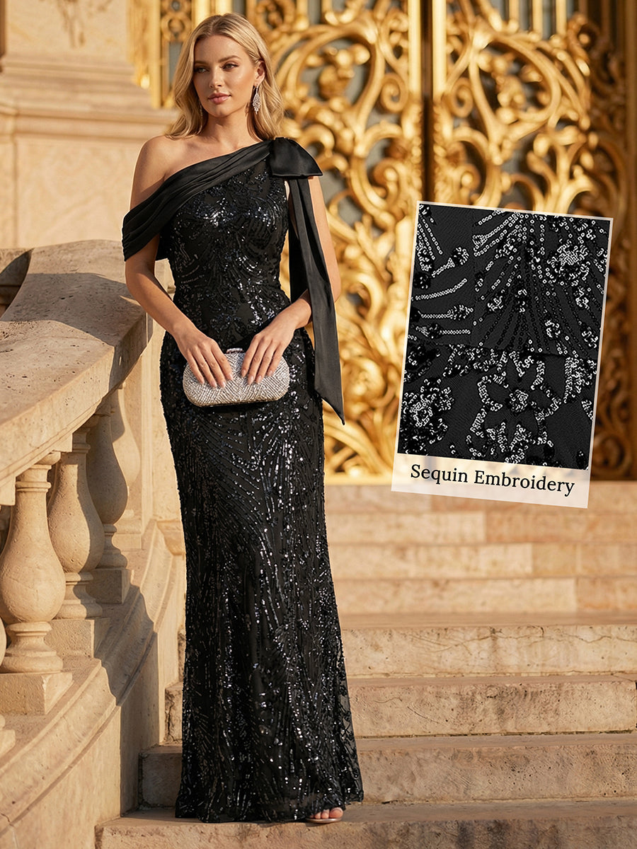 Bow Detail Sequin Drop Shoulder Sleeve Dress #color_Black