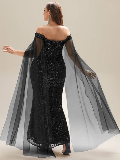 Flowing Ribbons Sequin Sleeveless Evening Dress #color_Black